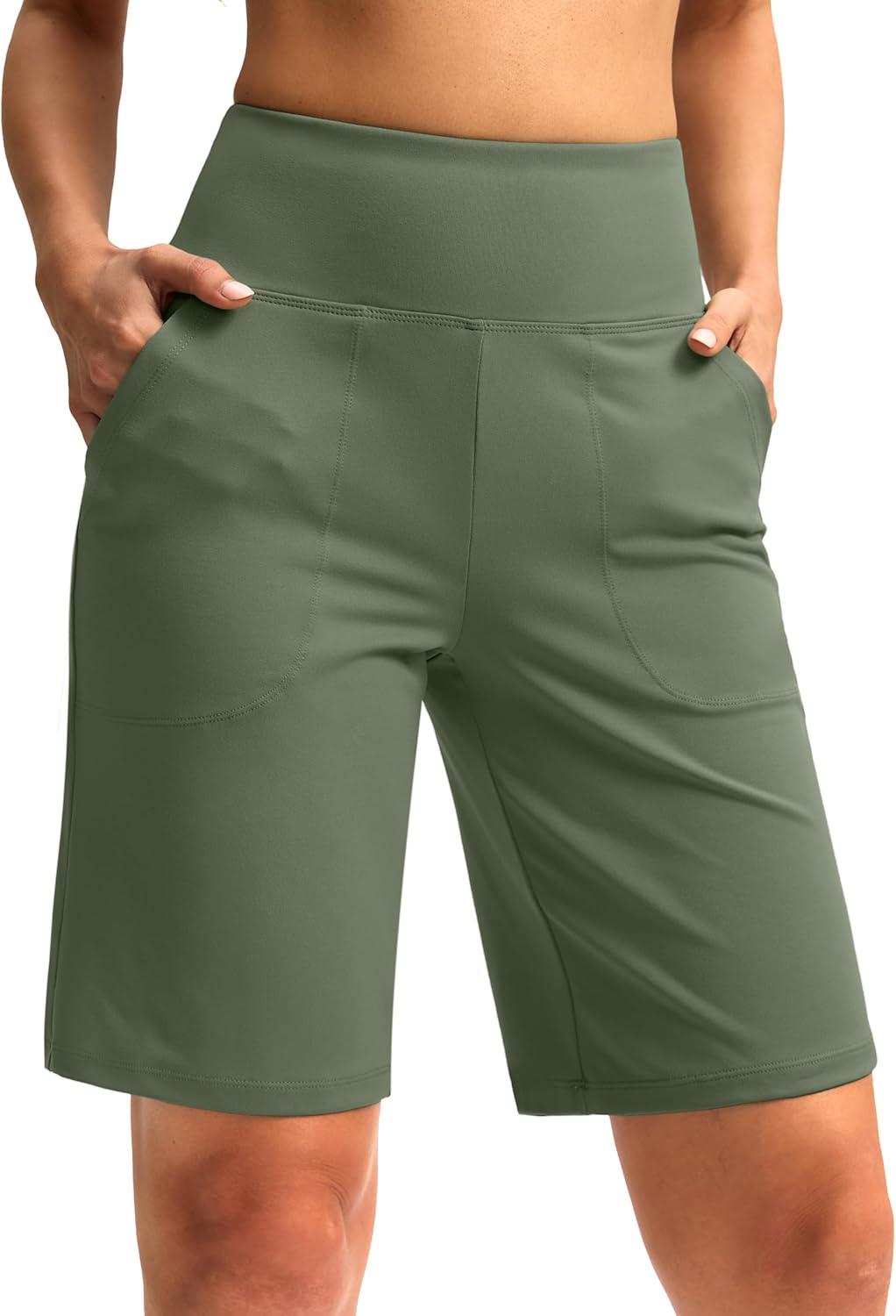 Women's 10" Bermuda Shorts Knee Length with Pockets High Waisted Athletic Long Shorts for Casual Walking Running Yoga