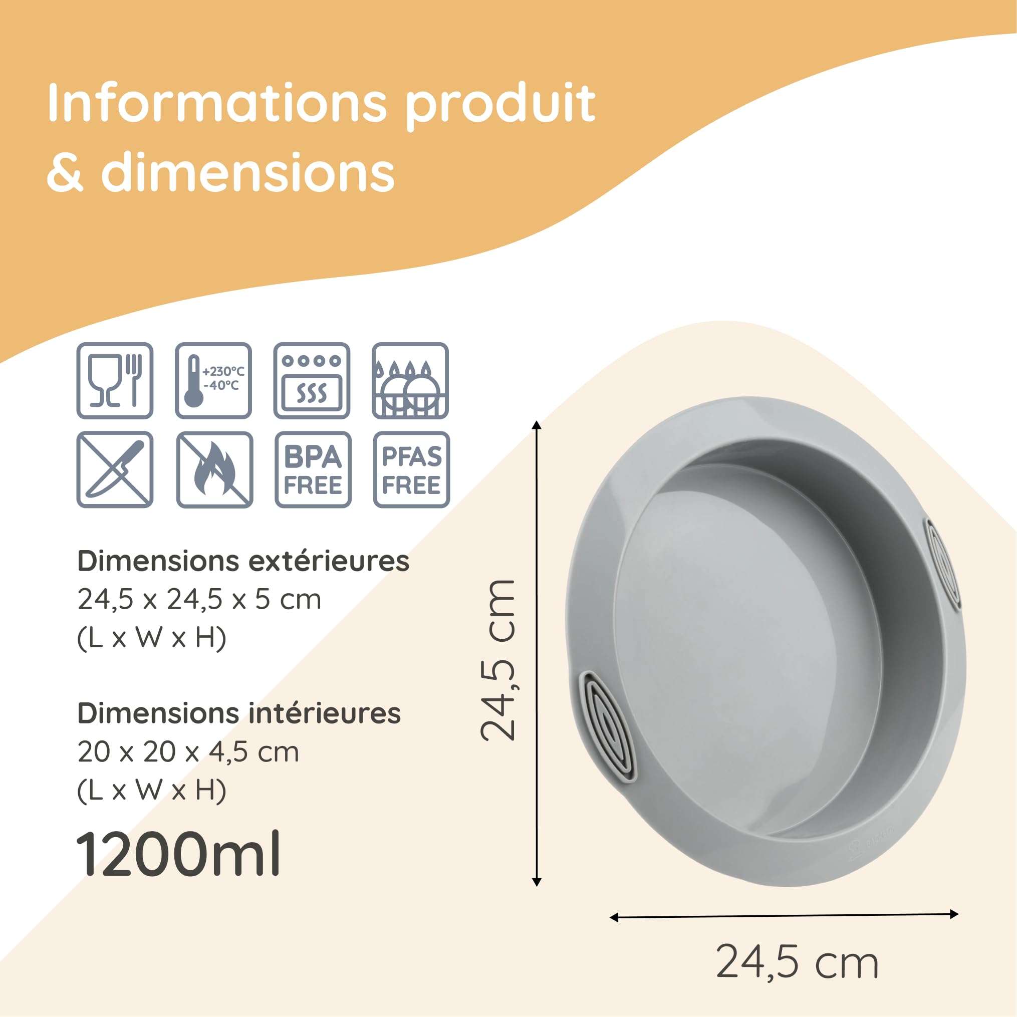 Backefix Backform 20 cm rond Ø Kuchenform Silikon rond | anti-haftend sans einfetten flexible, pour Tortenboden ou als Auflaufform | altbewährt, sain, sans BPA, lebensmittelecht | gris