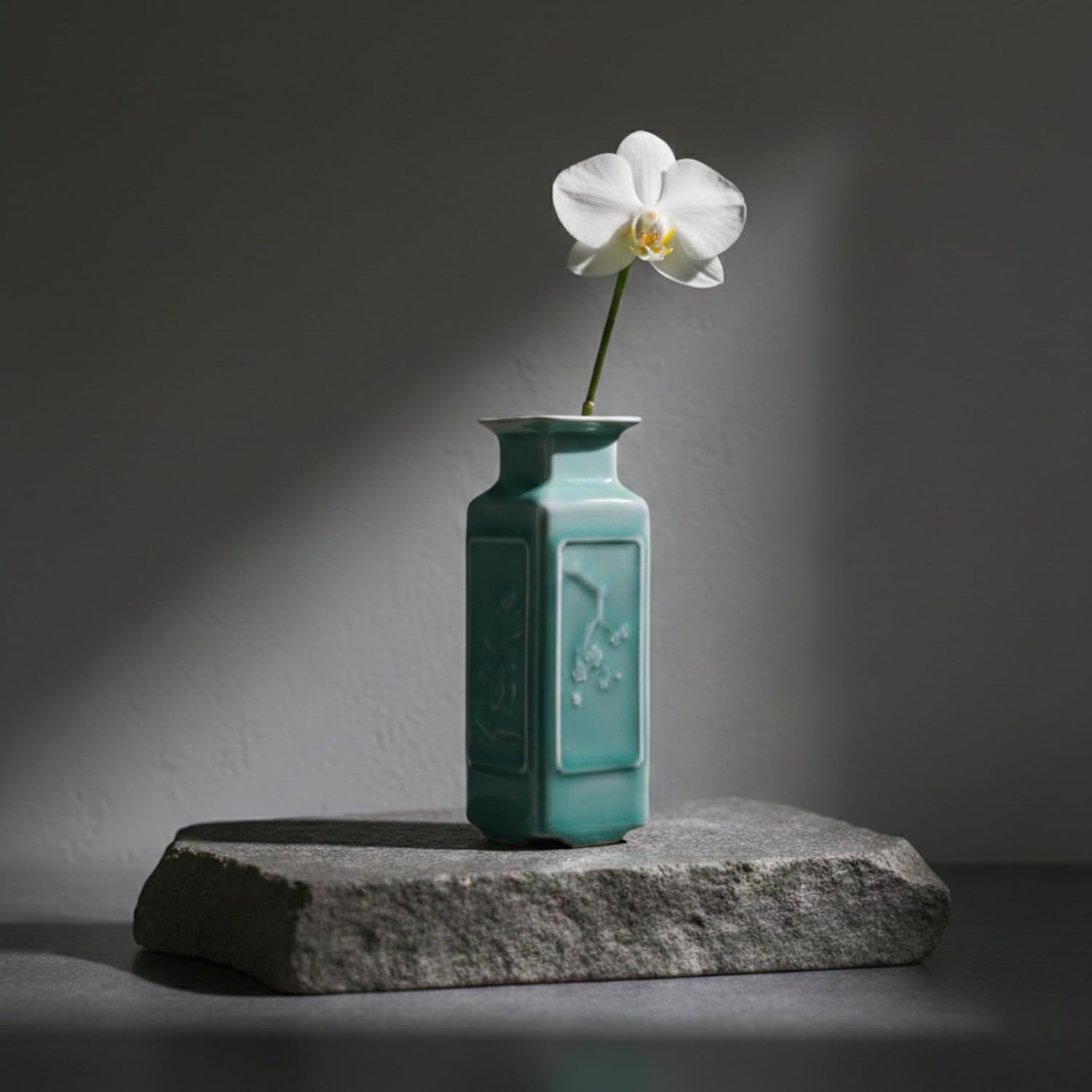 Hand-Signed Square Bud Vase - Four Gentlemen Relief Longquan Celadon - 5.5" Tall Sage Green Ceramic Flower Vase with Premium Gift Box (Artisan Crafted)