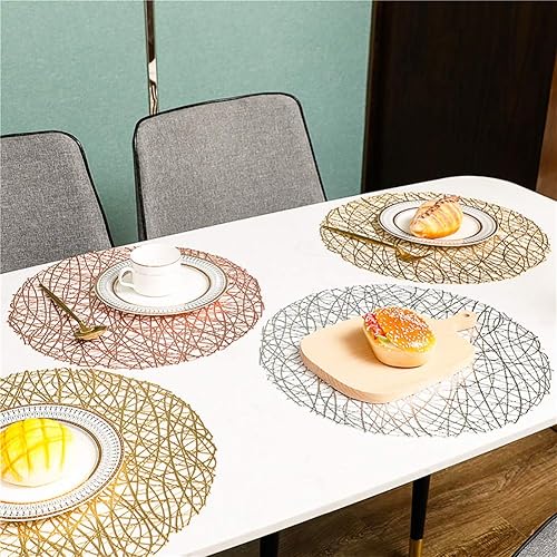 Miniatura 7 de Manteles individuales redondos dorados para mesa de comedor, juego de 6 manteles individuales metálicos con líneas huecas circulares de vinilo para