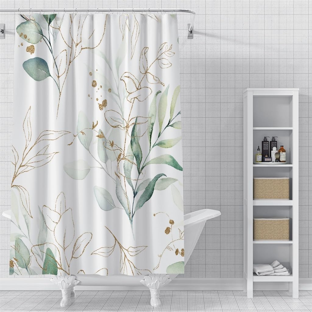 Duschvorhang 200x200 mit Grünen Eukalyptusblättern, Aquarell Badezimmervorhang mit Goldenen Blättern und Blumenmuster, Wasserdichter Polyesterstoff für Badewannen/Badezimmer mit Haken, B200 x H20