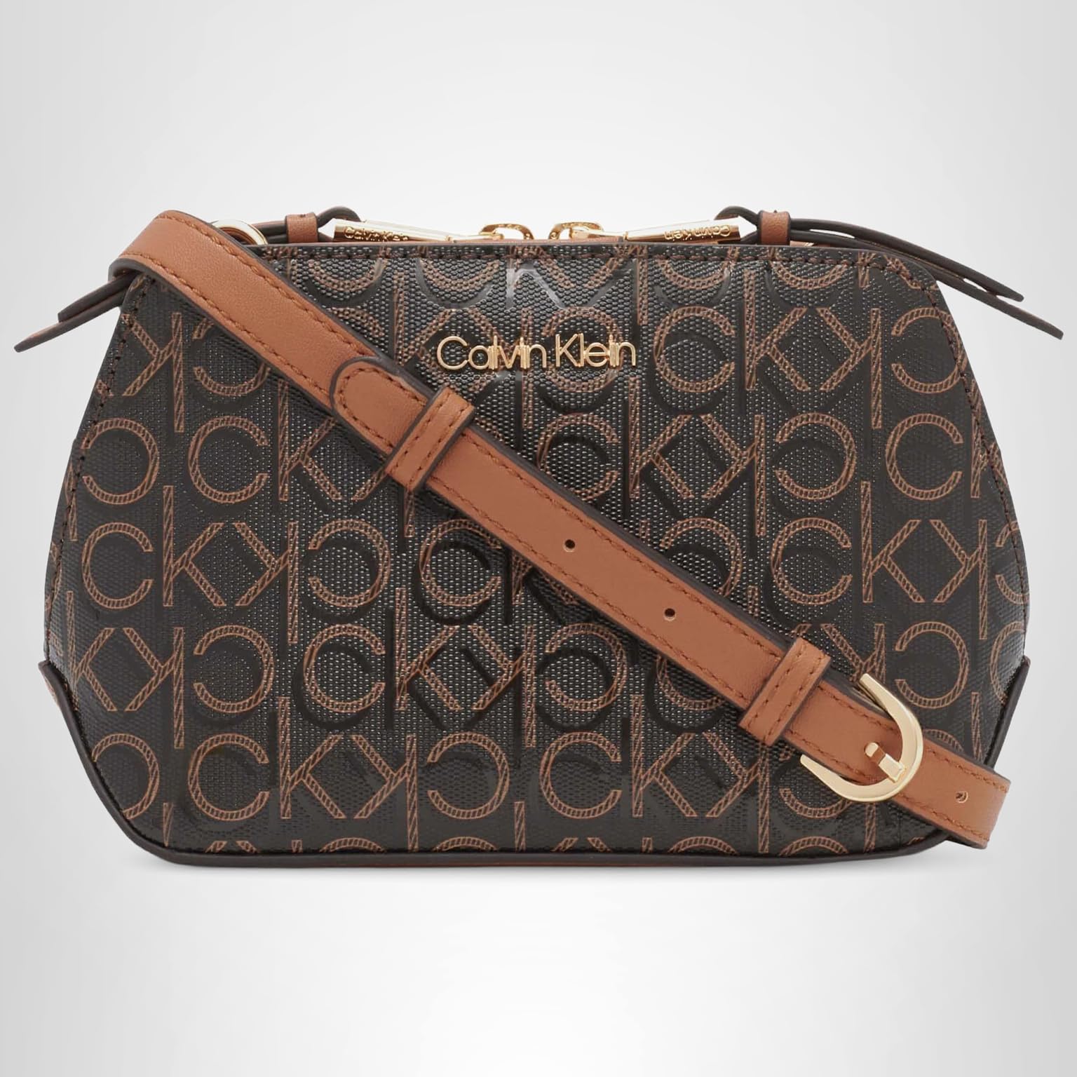 Calvin Klein Women's Lucy Triple Compartment Crossbody: One Size Brown/Khaki/Caramel Embossed