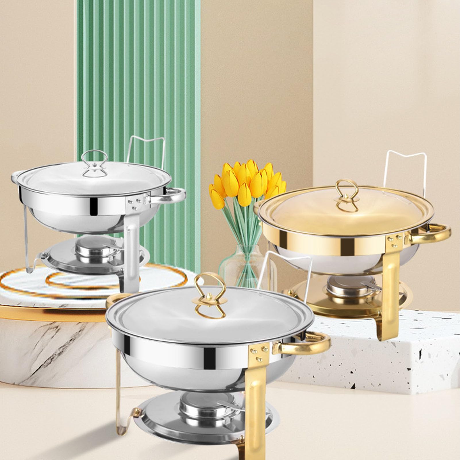 Duokon Plato de Frotamiento para Buffet, Calentador de Buffet Redondo de Acero Inoxidable Dorado de 4,5 L con Tapa y Soporte para, Servidor de 13,2 Pulgadas para Restaurante, Hogar, Hotel, Boda,