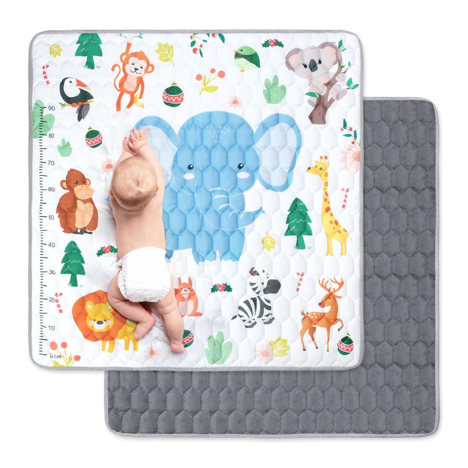 Funsland Tappeto Gioco Bambini, 127x127cm Tappeto Neonato Gattonamento, Pieghevole Morbido & Spessa Tappeto Tummy Time Neonati, Animale Tappeto Gioco Sensoriale Interattivo per Bambini 1 2 3 Anni