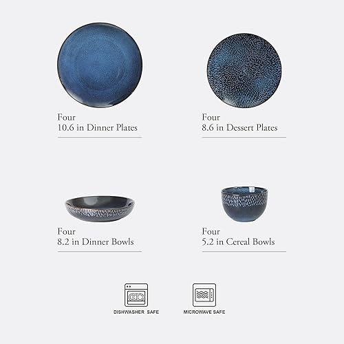 Miniatura 2 de Gibson Elite Matisse - Juego de vajilla de 16 piezas, gres cerámico con esmalte reactivo de doble tazón en azul, juegos de platos y cuencos para 4,