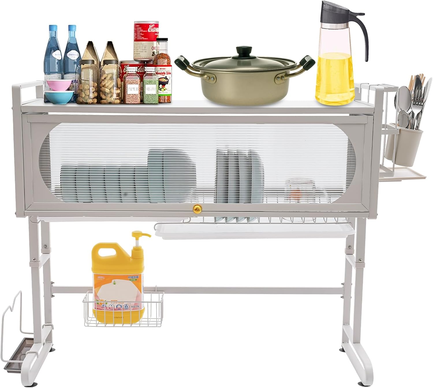 Over The Sink Dish Drying Rack, Large Kitchen Utensil Storage Cabinet Drainer Organizer with Clear Flip Door, Chopsticks and Cutting Board Holder, Multiple Baskets (Grey, 87CM)