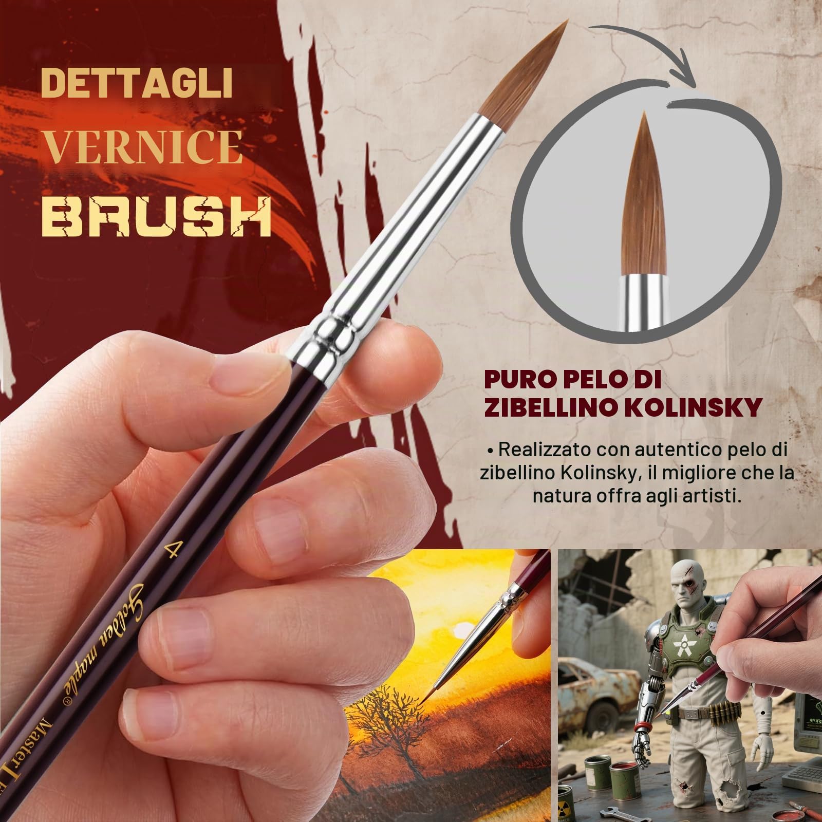 Golden Maple 7 pennelli sottili per Drybrush e 3 pennelli Kolinsky per miniatura, pittura di modelli, inchiostri a olio acrilici, 7 misure