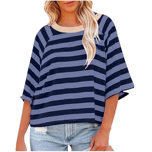 Womens Summer Tops Striped Color Block Short Sleeve Crewneck Shirt Y2k Tops 2024 Oversized Tshirts for Women