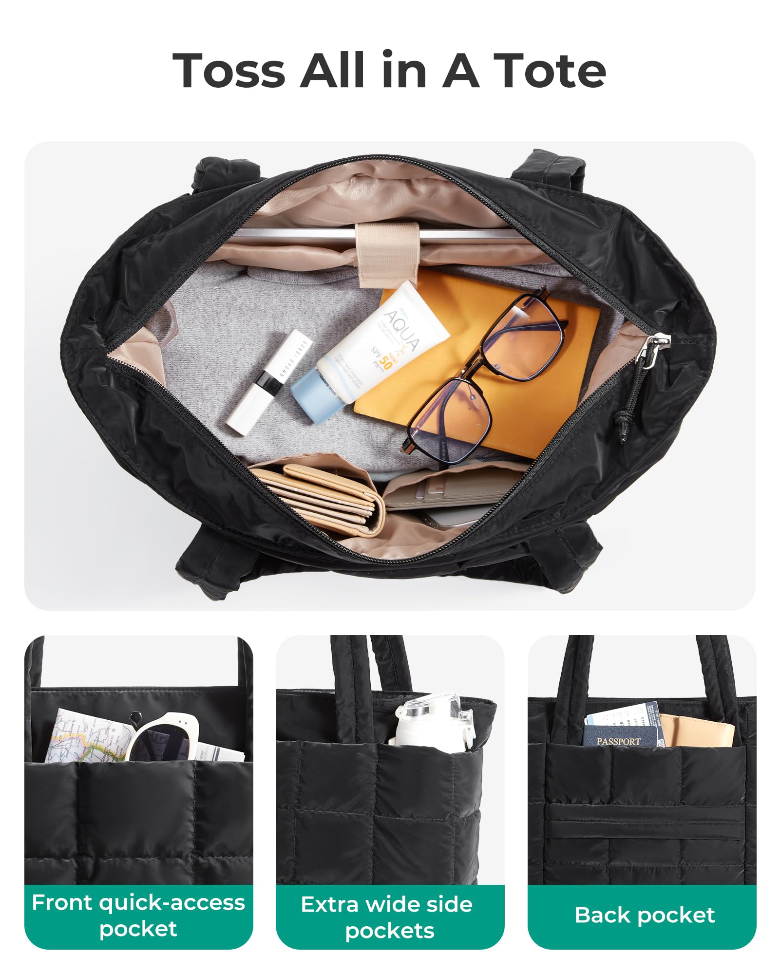 bagsmart Torebka damska Puffy Tote Bag rozszerzalna torba buforowa, torba na ramię, torba robocza z zamkiem błyskawicznym, lekka torebka do pracy, na podróż, zakupy, do szkoły, samolotu