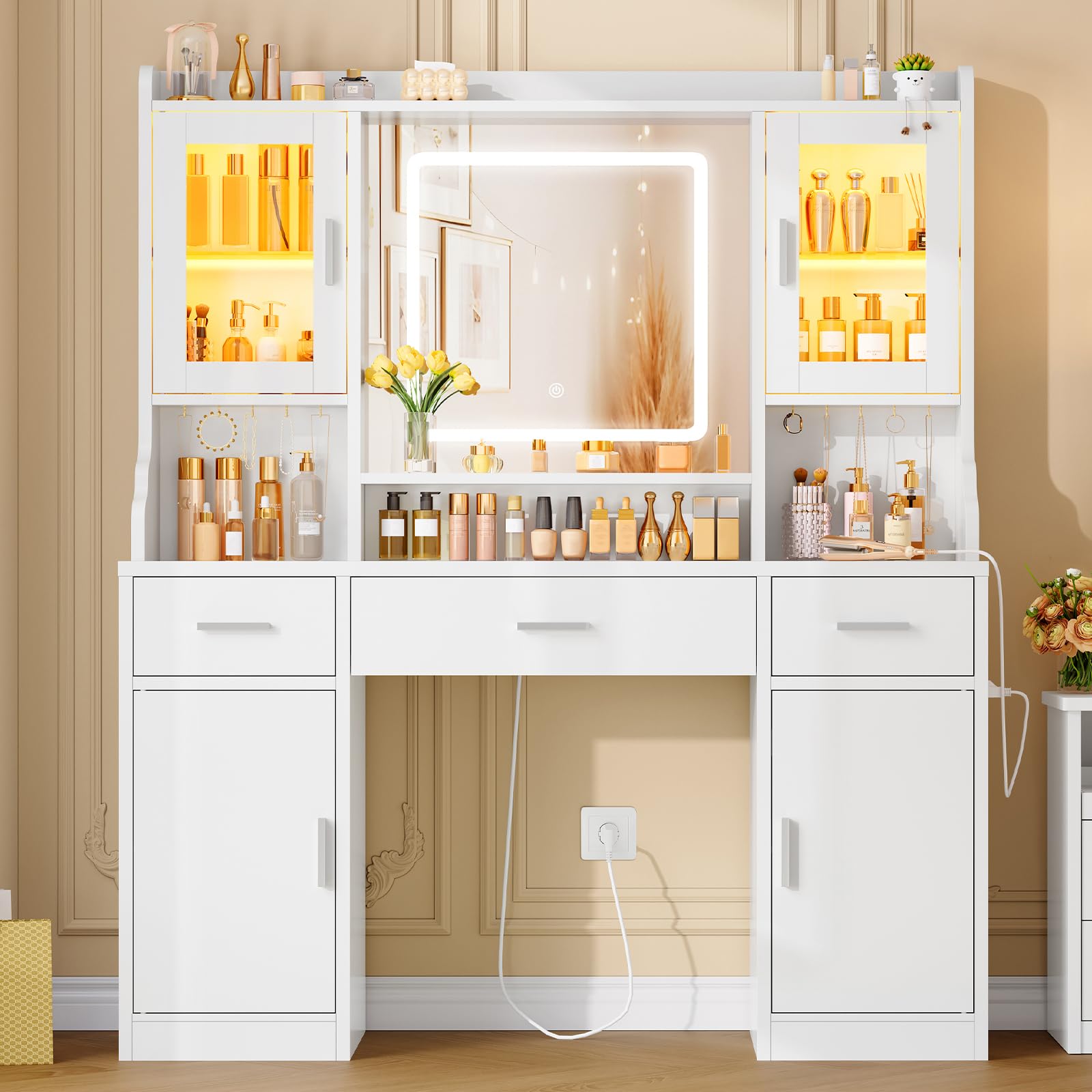 TEENFON Tocador de Maquillaje con Espejo LED y Luz RGB, Luminosidad Ajustable, 3 Cajones, 4 Puertas, 5 Ganchos para Joyas y Toma de Corriente, Moderno, Dormitorio, Blanco