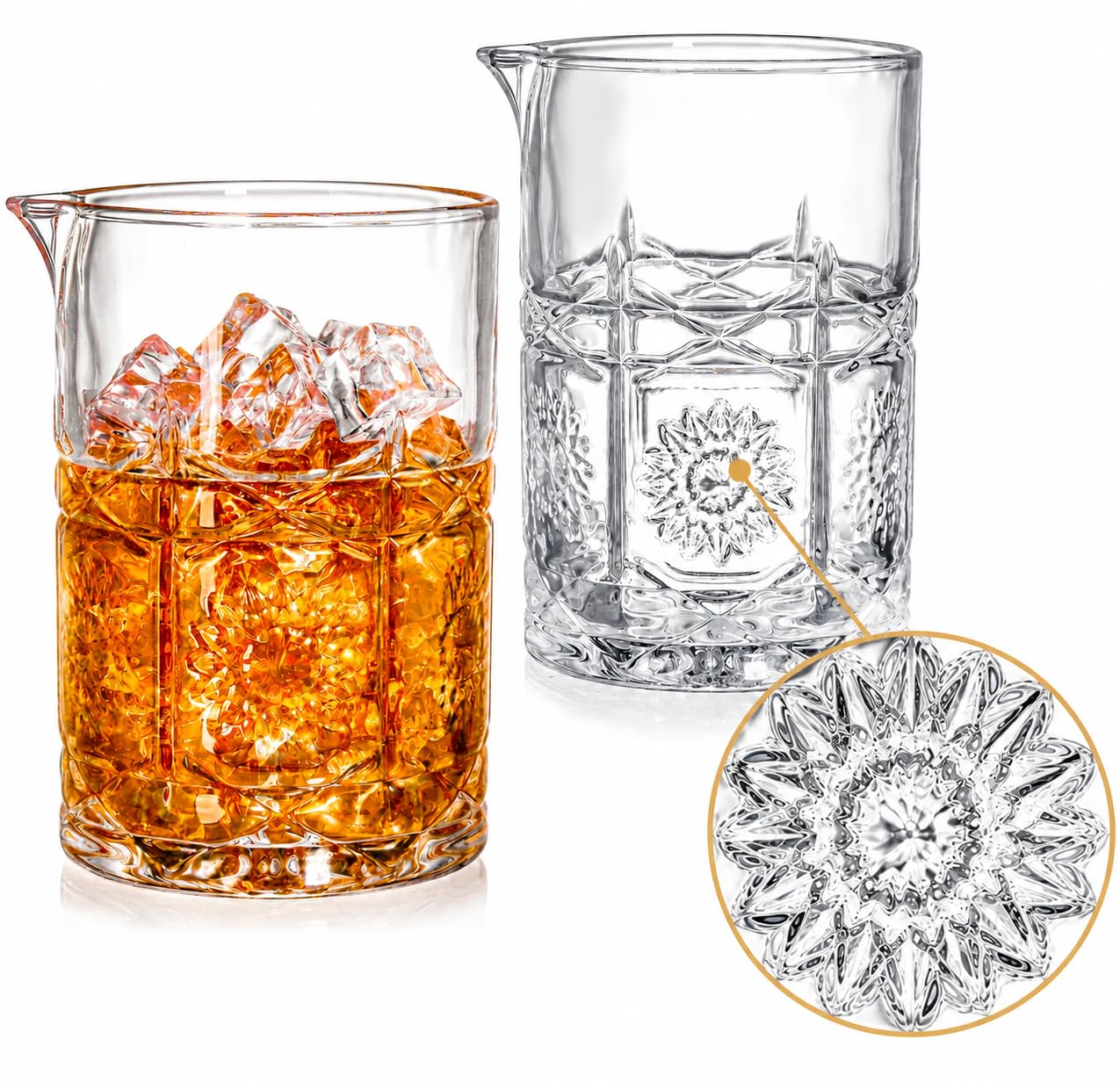 Coloch 2 Pack 650ml/22oz Crystal Cocktail Mixing Glasses, Vintage Bar Mixing Pitcher Weighted Bottom Seamless Cocktail Stirring Glasses for Whiskey, Martini, Dishwasher Safe