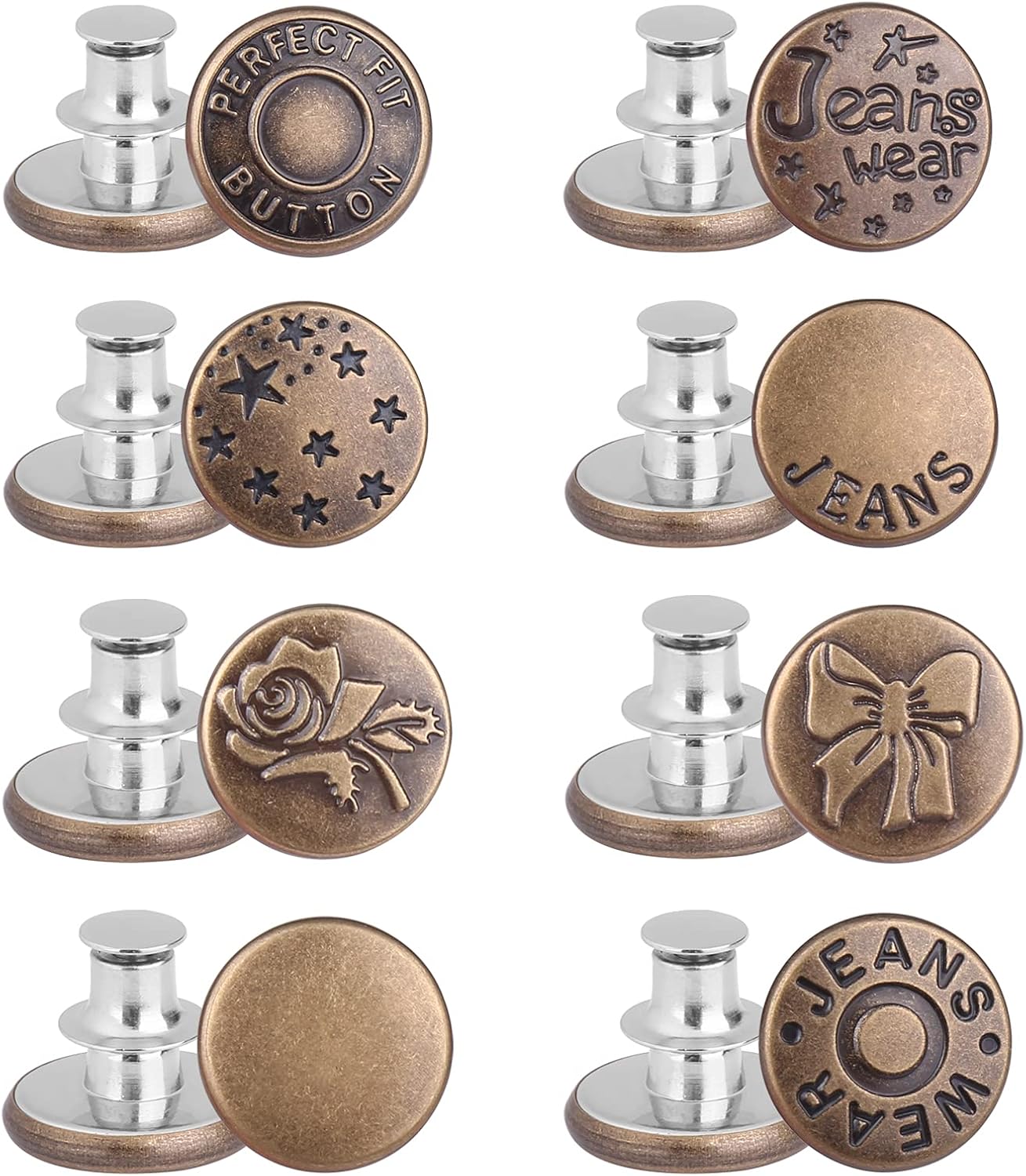 8 Sets Button Pins, CampTek Nailing-Free Jean Buttons, 8 Styles Button Pins for Jeans No Sew, Metal Buttons Adds Or Reduces an Inch to Any Pants Waist in Seconds