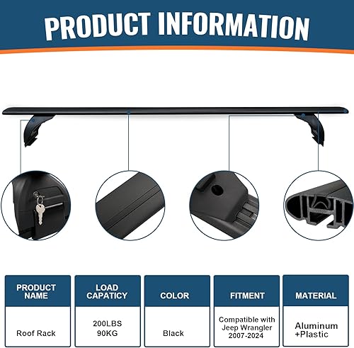 Miniatura 7 de Max Loading - Barras transversales de techo resistentes de 200 libras para Jeep Wrangler JK JL Gladiator JT 2007-2024 con cerradura de metal
