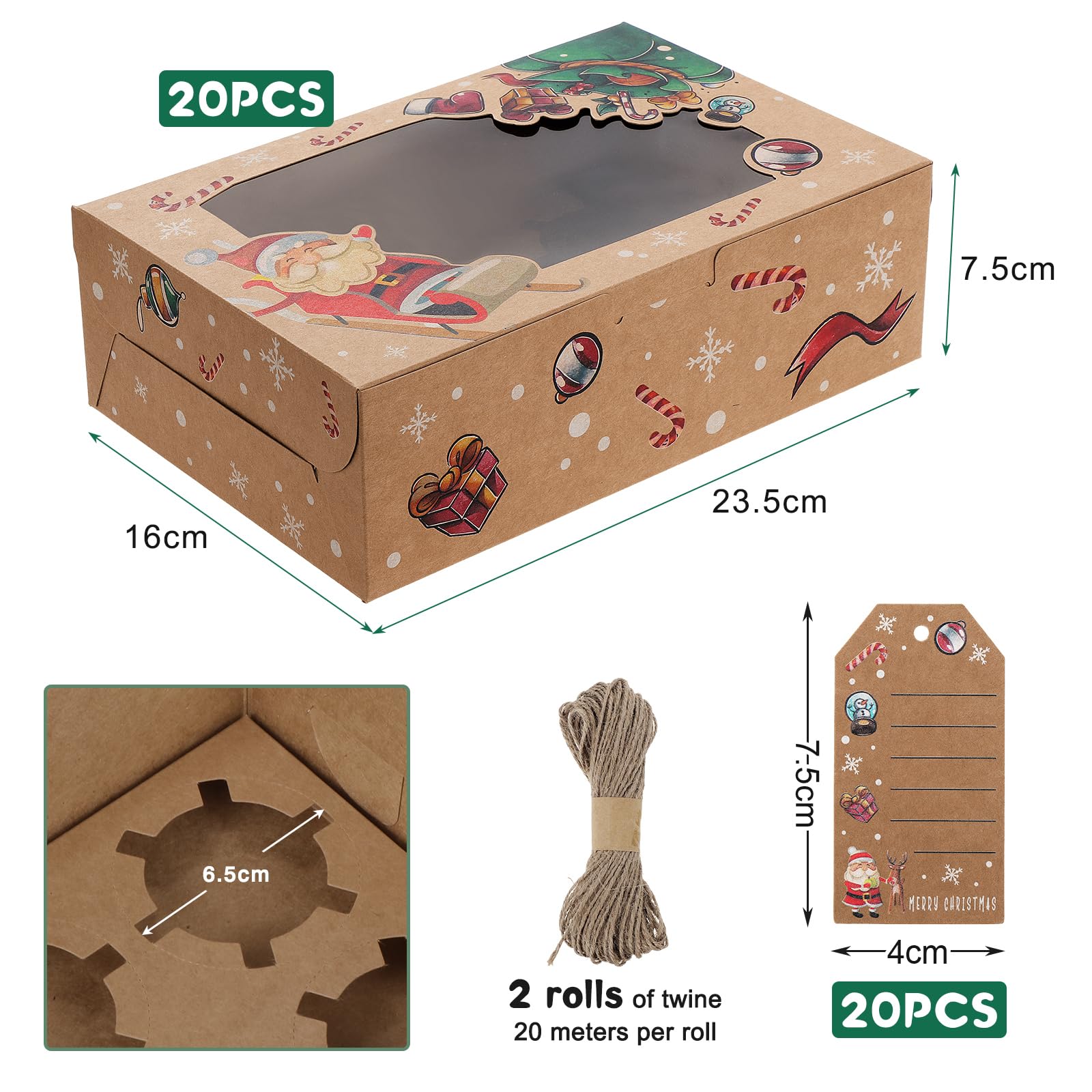 Fippy 20PCS Christmas Cupcake Boxes 6 Hole, Christmas Cake Boxes Gift Boxes Cookies Boxes with Window - Image 2