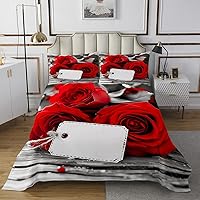Vista 8 de Juego de colcha de rosas tamaño Queen, romántico juego de edredón floral de rosas rojas para niñas y mujeres, ropa de cama de rosa 3D con gota