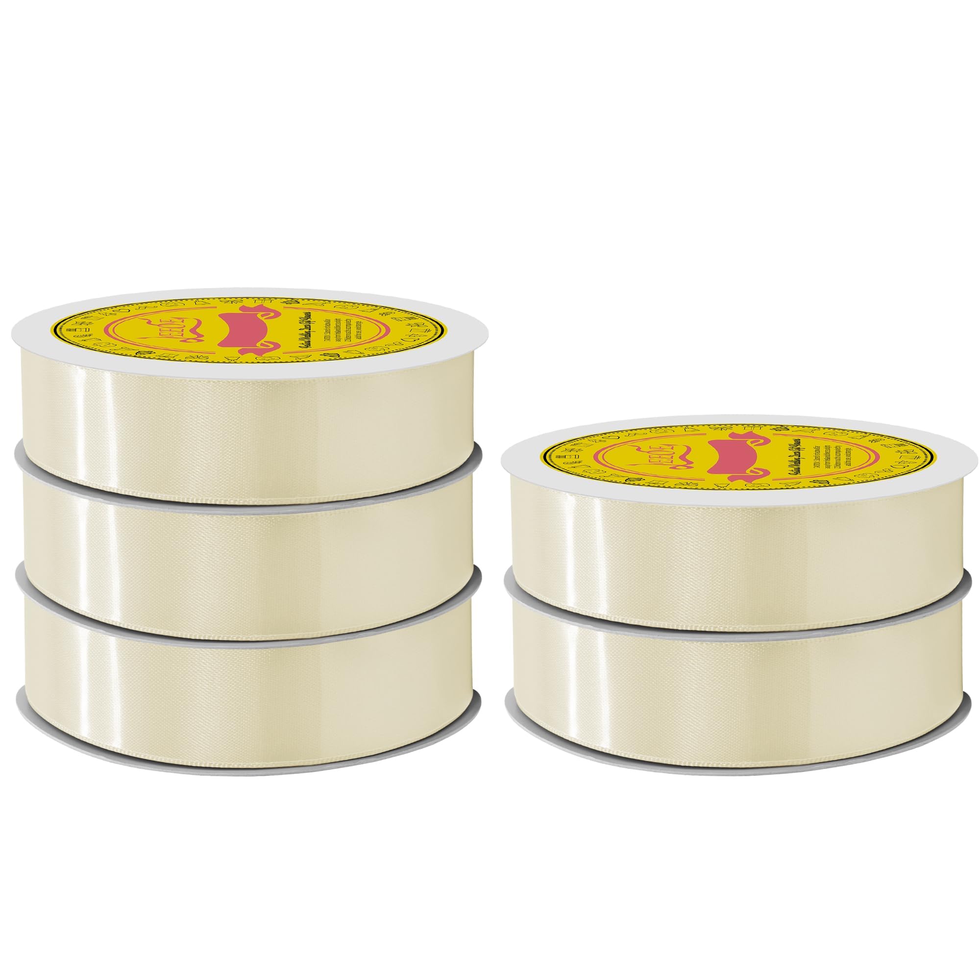 5 Rolls Double Face Ivory Satin Ribbon 7/8 Inch Polyester Ivory Ribbon for Gift Wrapping Very Suitable for Weddings Party Invitation Decorations and More,Total 125 Yards