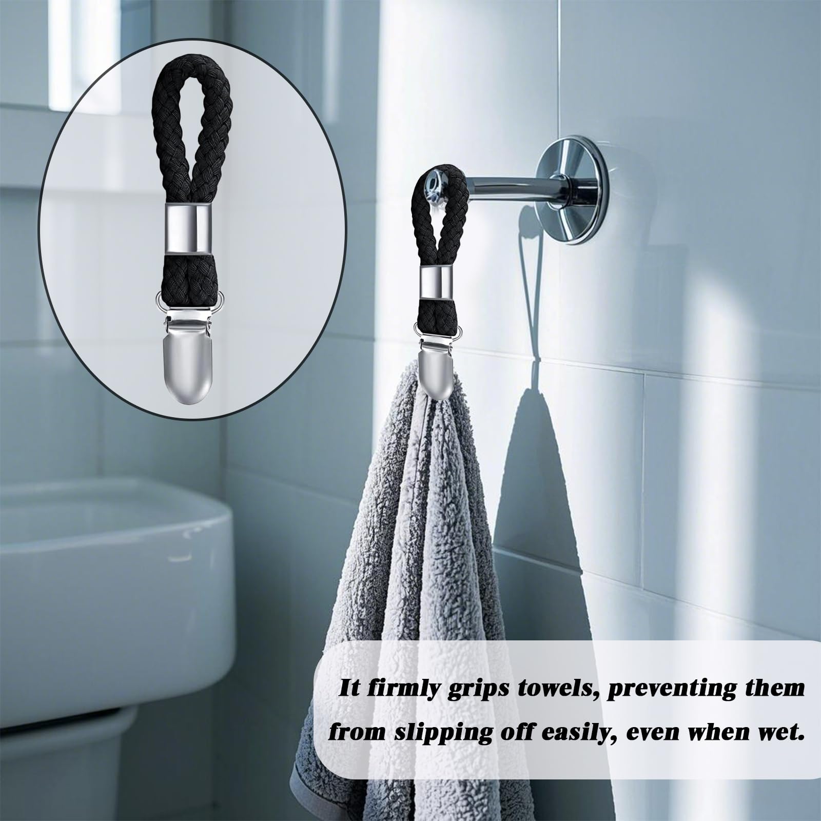 TANSAR 6 Clip Porta Asciugamani In Metallo Con Cordino In Cotone | Ganci Con Passante Per Cucina E Bagno | Colore Nero - 2