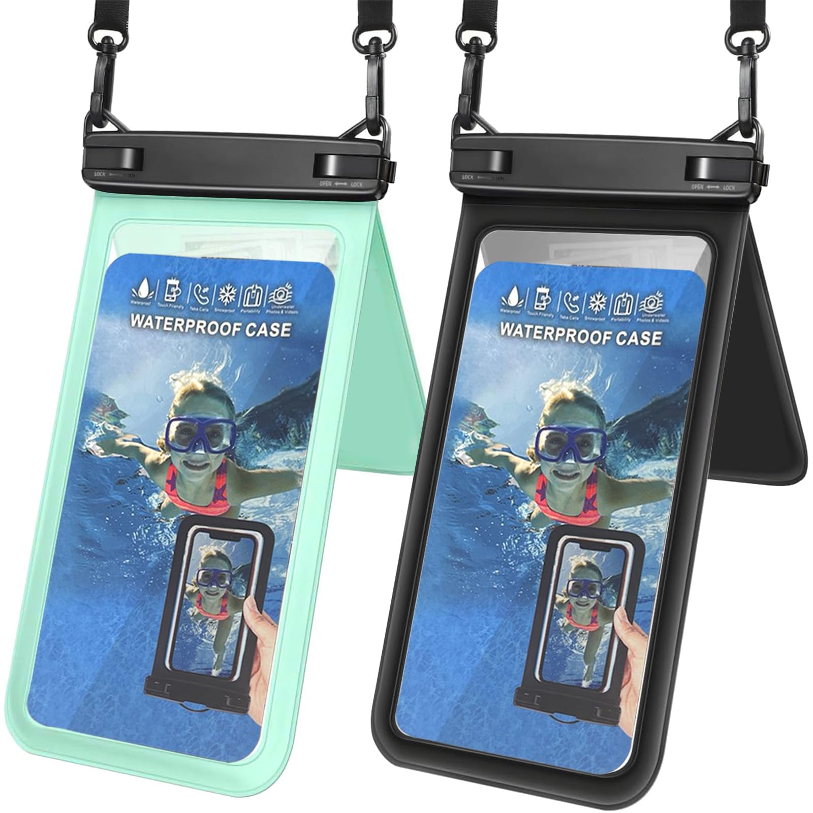 Double Space Waterproof Phone Pouch (2 Pack) - Universal Waterproof Phone Lanyard Case Compatible with iPhone 16/15/14/13/12 Pro Max & Smartphones up