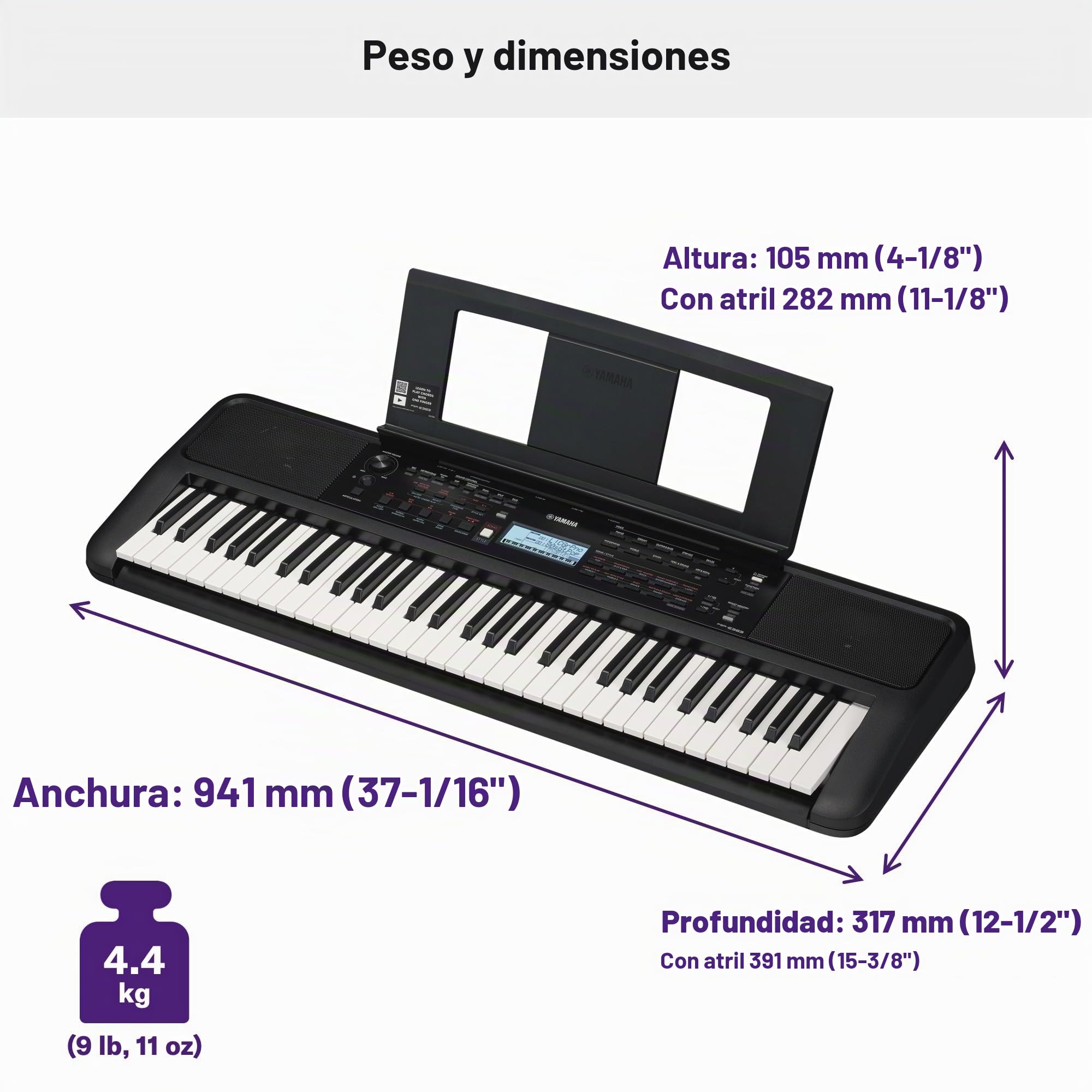 Yamaha PSR-E383 Teclado portátil para principiantes, 650 voces de instrumentos auténticos y teclas sensibles al tacto con polifonía de 48 notas, incluye 2 lecciones en línea con un profesor de escuela
