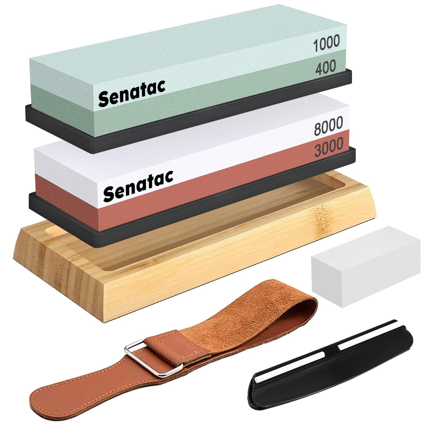 Senatac Knife Sharpening Stone Kit - Whetstone 400/1000 3000/8000 Grit Sharpening Stone Set Dual Sided Knife Sharpener Premium Wet Stone with Non-Slip Base Angle Guide Bamboo Base Leather Strop