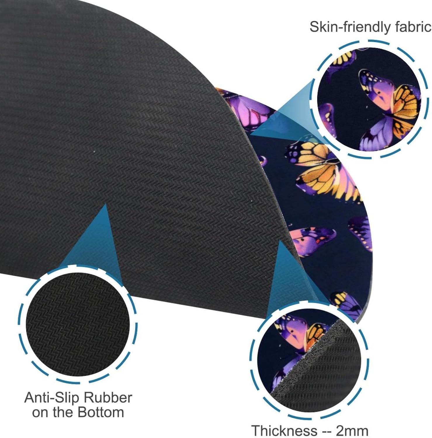 Round Mouse Pad for Women Men, 10’’ Round Desk Pad Mousepad Non-Slip Rubber Base, Office Home Laptop Accessories, Aesthetic Yellow Purple Butterflies Seamless Pattern image 2