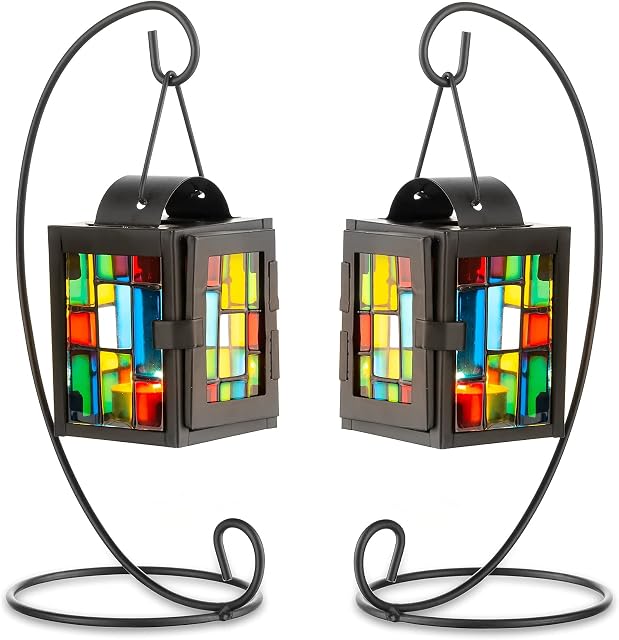 Romadedi Candle Holder Moroccan Decorative Lantern - Tealight Candleholder Set of 2 Vintage Hanging Lantern Metal & Glass Iron Retro for Living Room Mantel Home Decor Black + Colorful