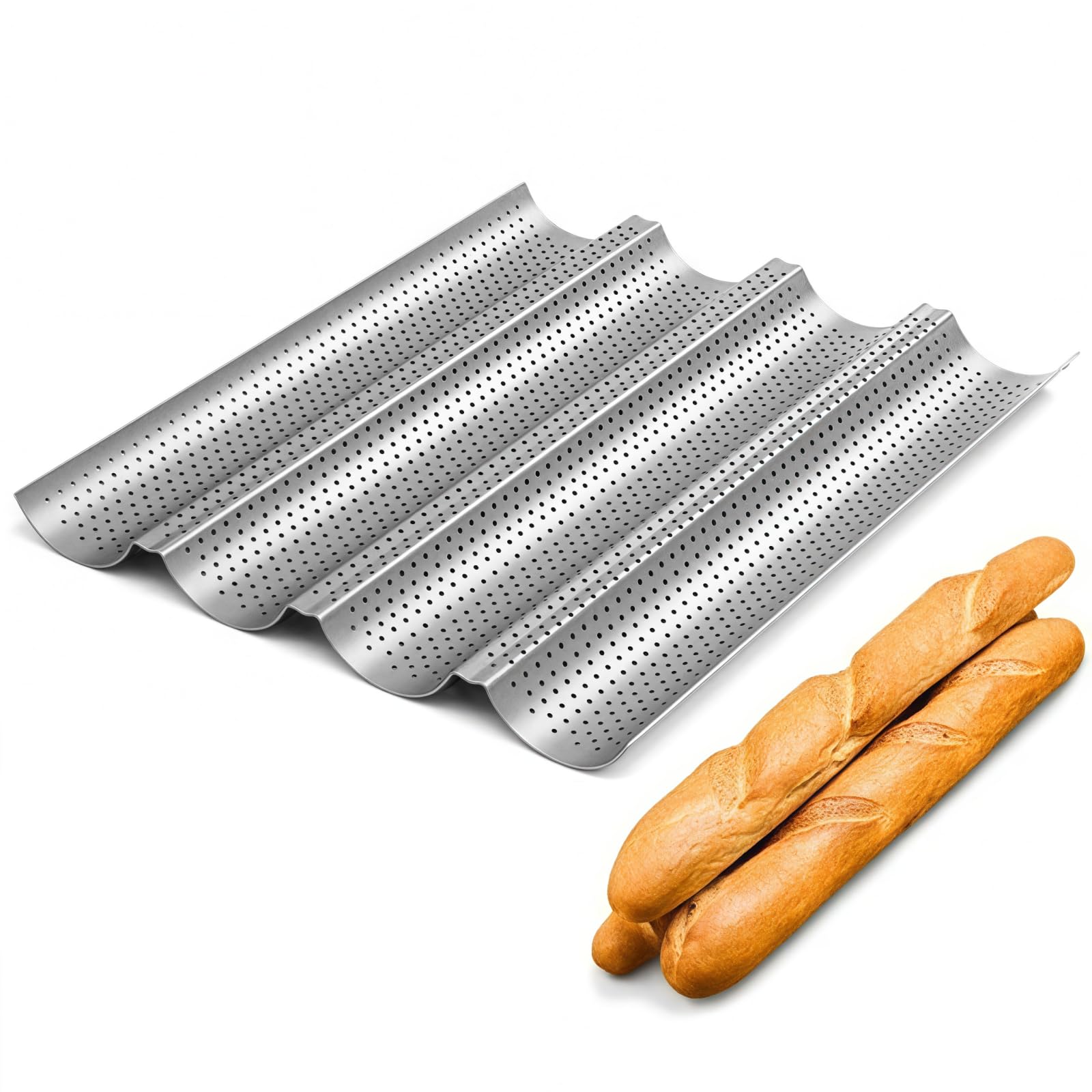 Plaque de cuisson pour baguette, moule à pain, moules à pain pour 4 fentes ondulées pour pains français (38,1 x 33 cm)