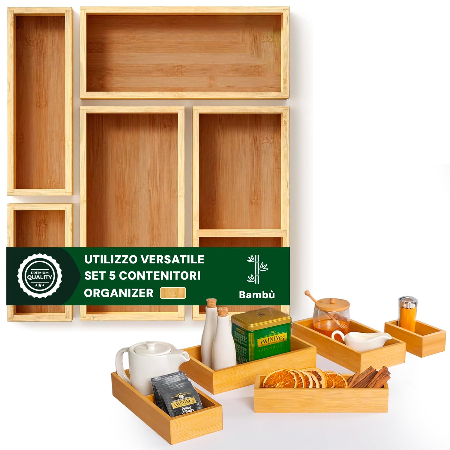 Avilia Set of 5 Multi-Purpose Bamboo Organiser – Various Sizes – Dividers for Kitchen Drawers, Bathroom or Desk – Practical and Easy to Clean – Space-Saving Modulable According to Needs
