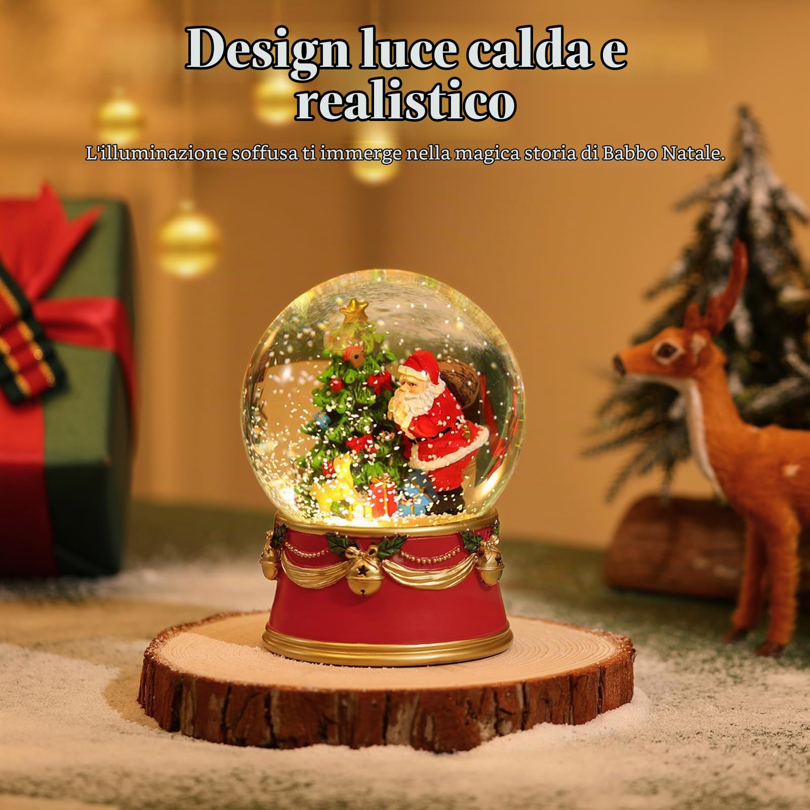Lewondr Globo di Neve di Natale, Globo di Neve Elettrico di Babbo Natale con Fiocco di Neve e Luci, Globo d'Acqua Natalizio Alimentato a Batteria, Decorazione Natalizia per Casa e Festa, Rosso