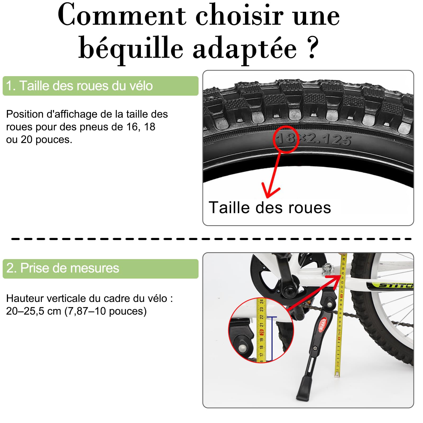 CYFIE Béquilles vélo 16-20 Pouces Hauteur Réglable et Béquille Latérale Universelle, Support de Vélo Durable fabriqué en Alliage d'aluminium, Support Central pour vélo de Montagne