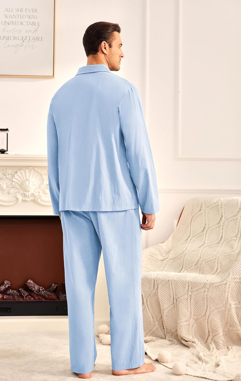 Ekouaer Men's Long Pyjamas Cotton Two-Piece Sleepwear Long Sleeve Loungewear Winter S-XXL - Image 4