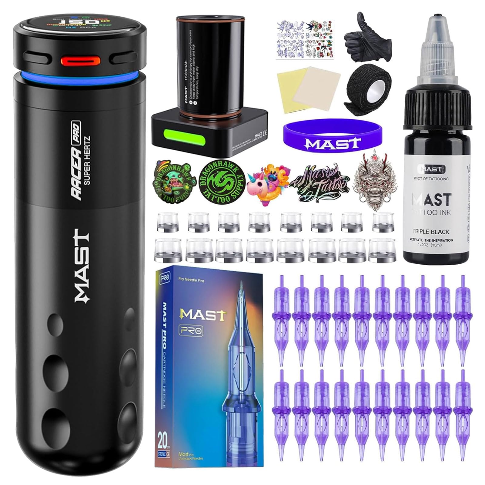 Mast Racer Pro Tattoo Maschine Set Kabellose Tätowiermaschine mit 1520mAh Akku & Mcore-Pro Motor Rotary Coreless Tätowiermaschine Schwarz