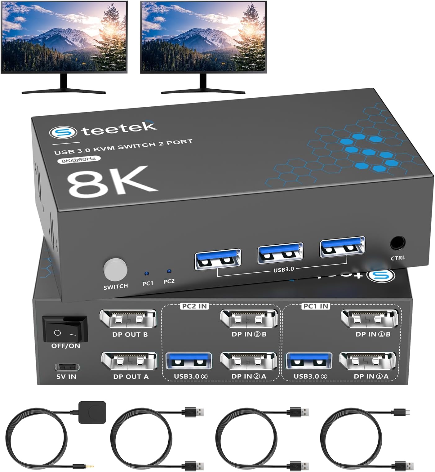 Hearvo 8K@60Hz KVM Switch 2 Monitors 2 Computers DisplayPort, USB3.0 KVM Switches, 4K@120Hz Dual Monitor for 1 Set of Keyboard Mouse Printer and U Disk with EDID Adaptive 2 USB Cables -S7230P2