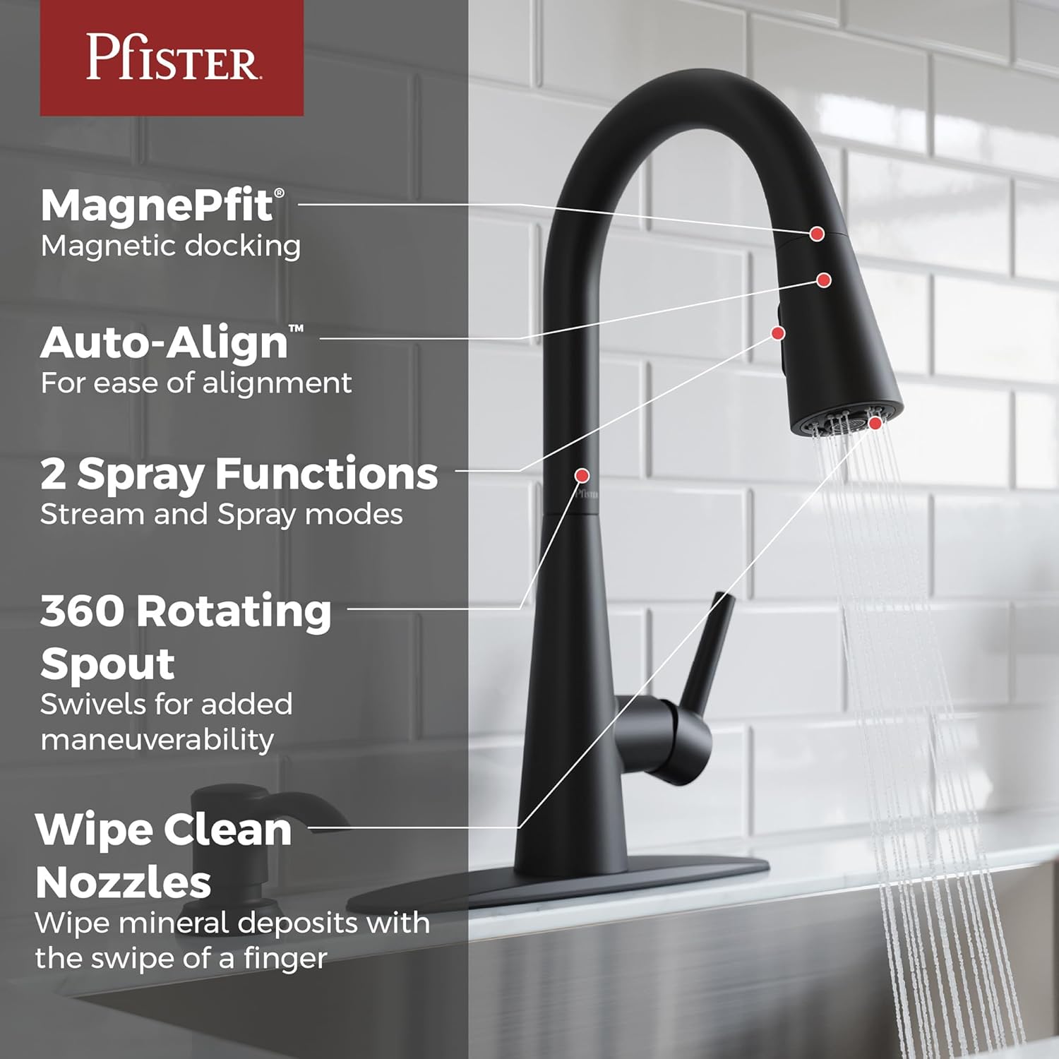 Pfister Barulli Kitchen Faucet with Pull Down Sprayer and Soap Dispenser, Single Handle, High Arc, Matte Black Finish, F5297BARB