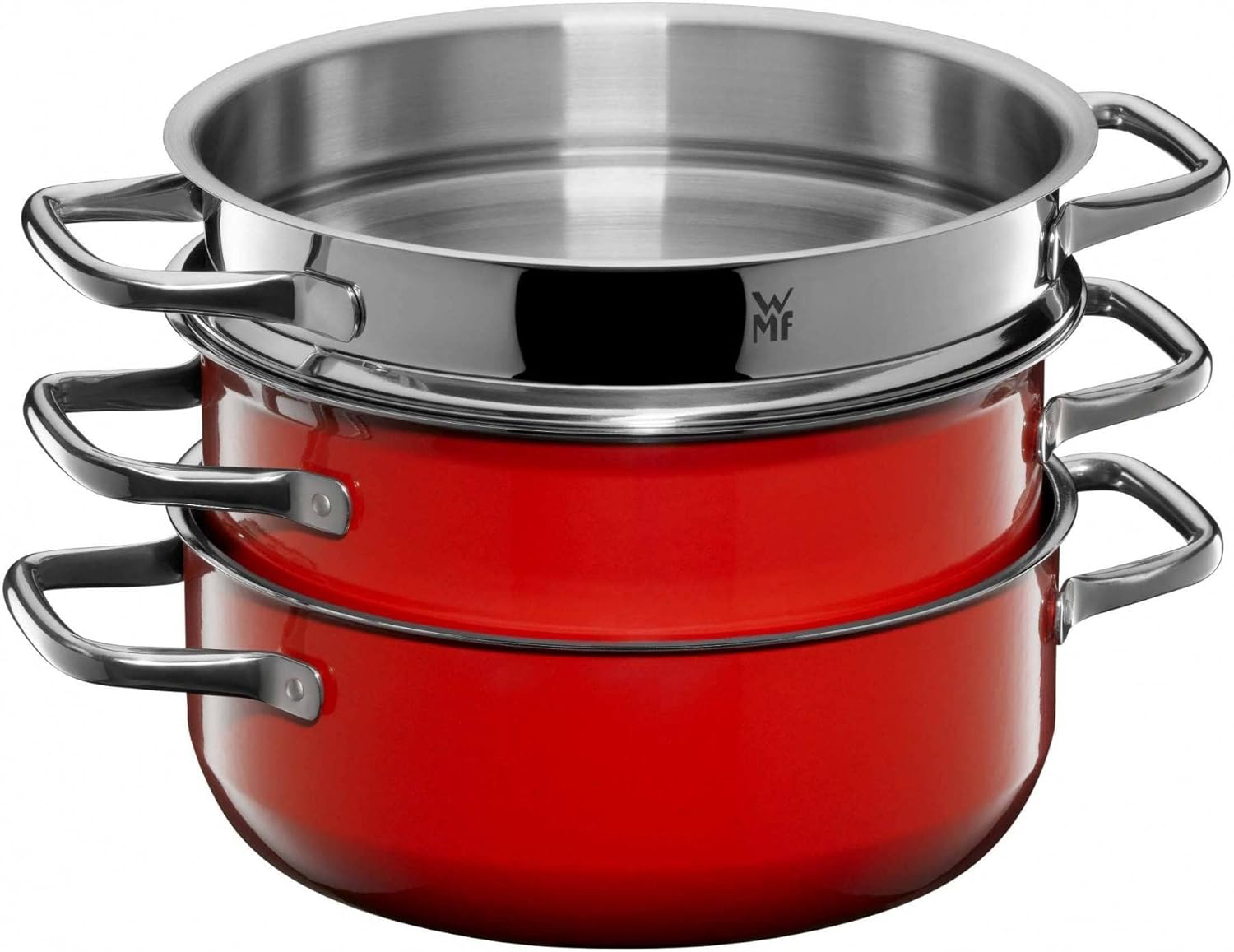 WMF Fusiontec Compact Saucepan Set Induction 3-Piece Steamer Glass Lid Polished Cromargan Stainless Steel Stackable Pots Set Red