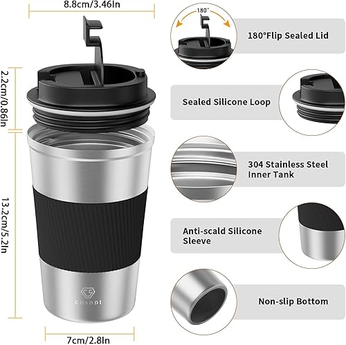 Miniatura 2 de Vaso térmico de acero inoxidable de 12 onzas con aislamiento al vacío, taza de viaje a prueba de derrames con tapa, térmica para mantener el calor o
