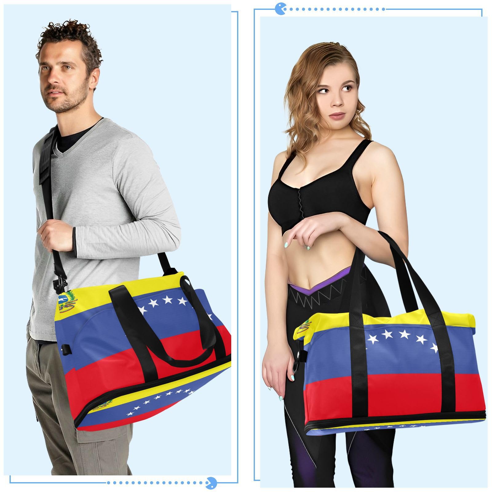 Venezuela - Bolsa de viaje de gran tamaño con bolsillo húmedo ajustable, correa ajustable para el gimnasio, viaje en avión, viajes, 2 piezas, para hombres y mujeres