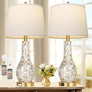 Gold Table Lamps for Living Room Set of 2, Modern Coastal Bedside Shell Pearl Tiles Nightstand Lamp with USB Ports 3-way Touch Control Lamp for Bedroom Home Decor (2700K LED Bulbs Included)
