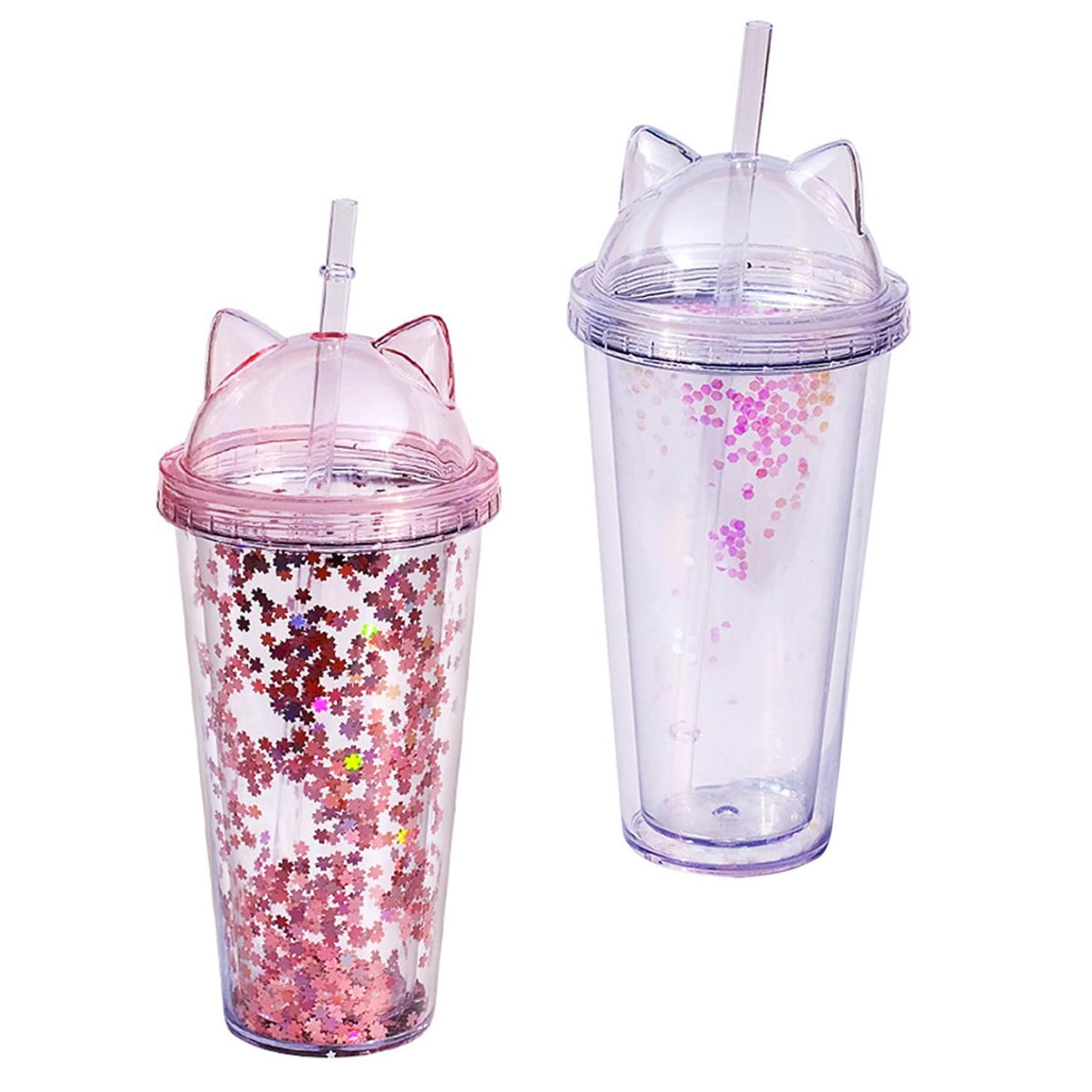 Bouteille d'eau avec paille pailletée double couche enfant tasse étanche oreille de chat 500ml