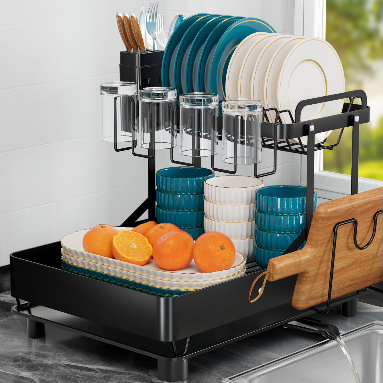 dish drying rack for kitchen counter, stainless steel 2 tier dish rack w drainboard, foldable 360° rotatable & expandable drainer, space-saving dish strainers for kitchenware