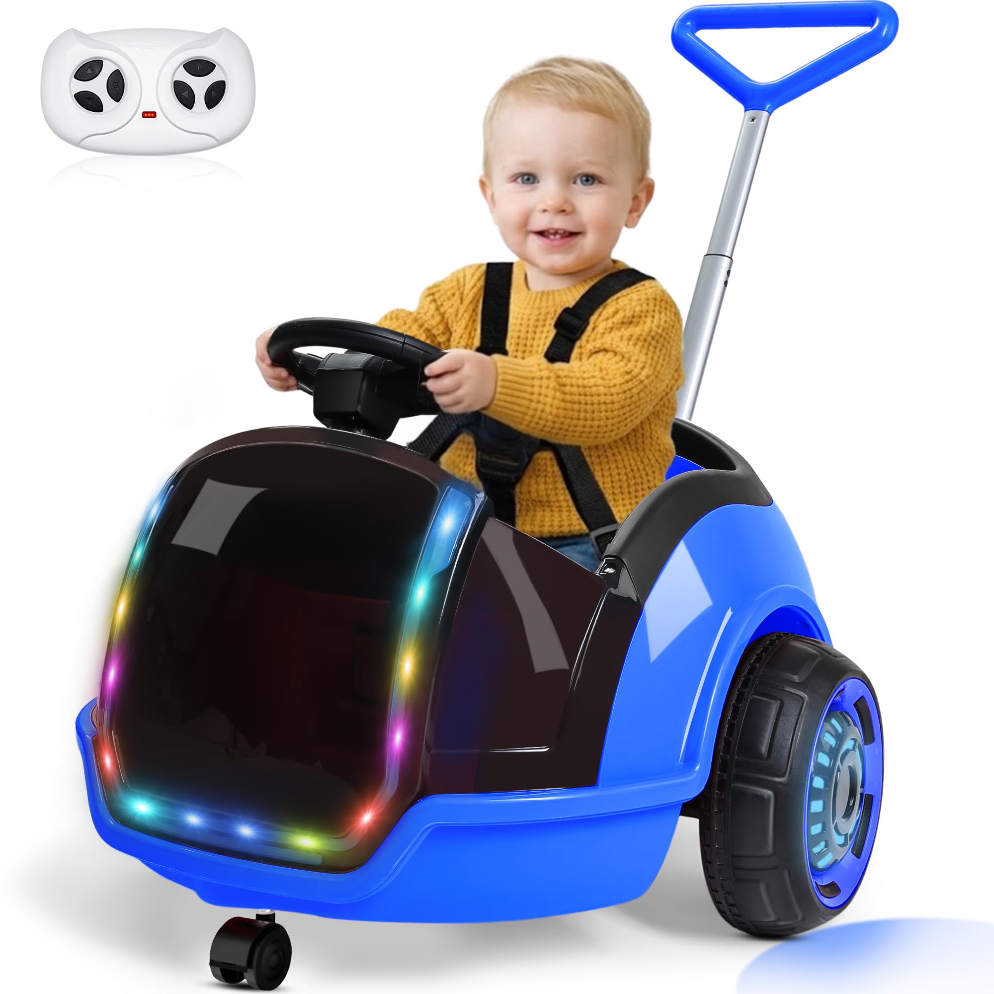 ANPABO 3-in-1 Electric Push Ride On Car, 12V Kids Ride On Toy w/Remote Control, 360° Spin, 5-Point Safety Belt, Colorful LED Light, Music Player, Push Car for Toddler Ages 1-3 (Pink) — view 8