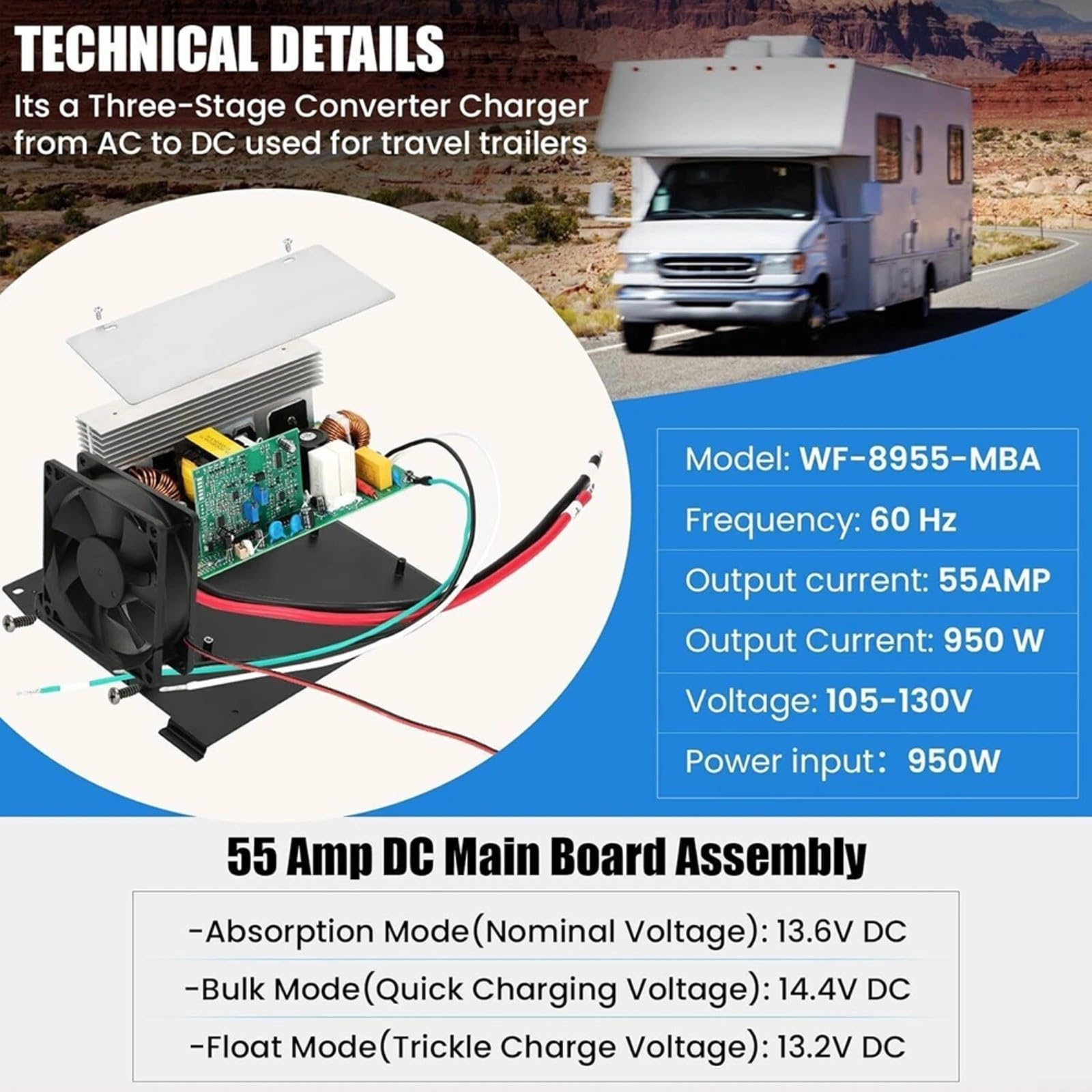 WF-8955-MBA Alimentatore Caricatore 55A 950W per Caravan, Ricarica Automatica a 3 Livelli con Ventola Silenziosa, per WF-8955PEC e Parallax 7155 7145 Distributore di Alimentazione, Facile Sostituzione