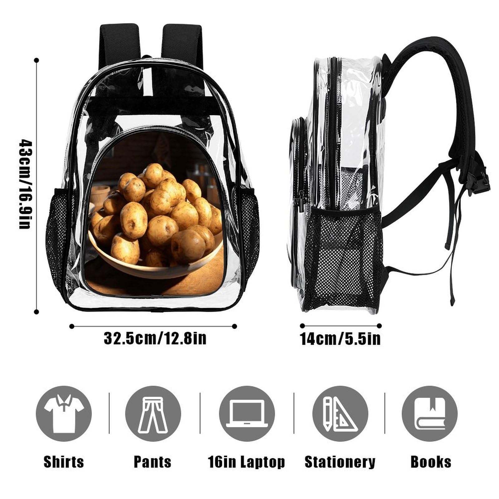 Zaino trasparente con patate secche, grande, in PVC, trasparente, per sicurezza, lavoro, viaggi, stadio