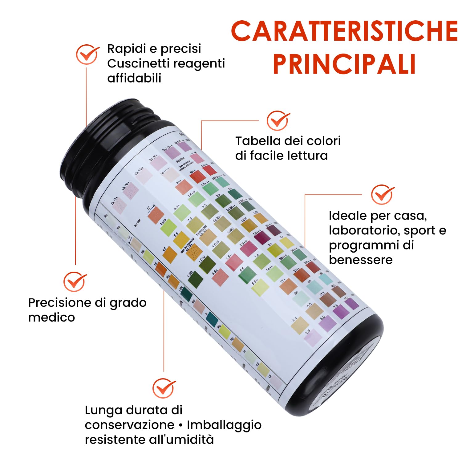 Strisce reattive per urine VED 100 x 14 in 1 | Strisce reattive per urine a 14 parametri per urobilinogeno, bilirubina, chetoni, sangue, proteine, peso specifico, pH, acido ascorbico, calcio urinario.