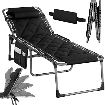 Folding Sun Lounger Garden Deck Chair with 5-Way Adjustable Backrest Folding Garden Lounger with Pillow and Side Pocket Maximum Load 150 kg for Balcony Patio Beach Black
