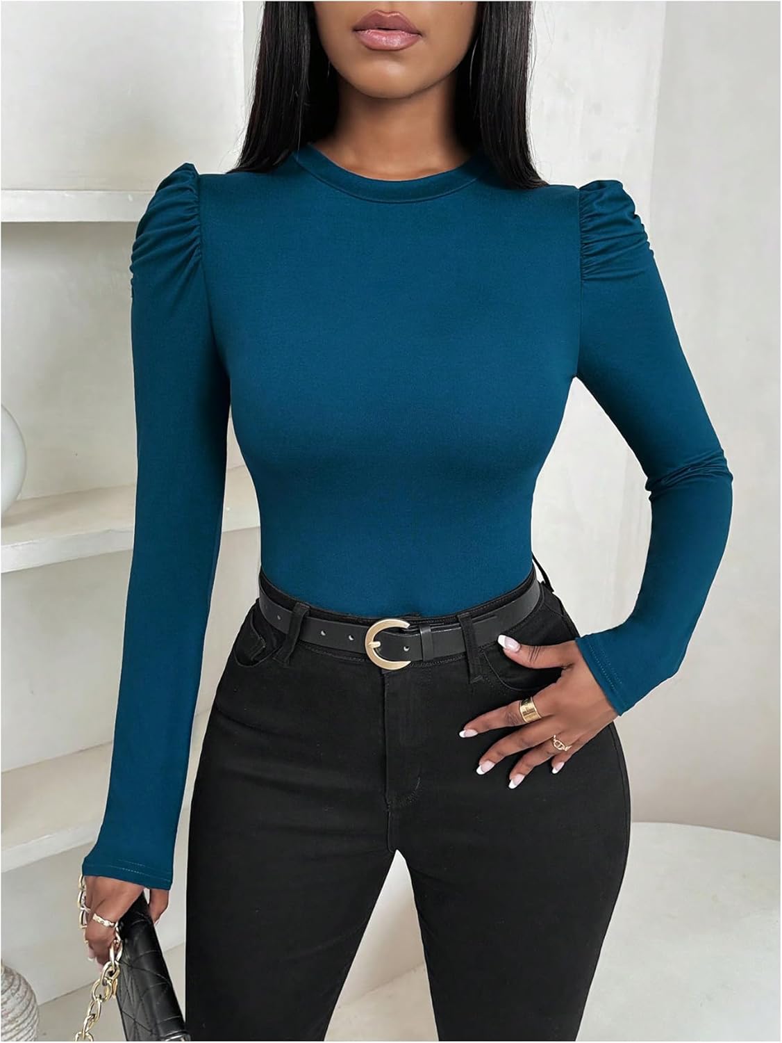 SOLY HUX Women's Puff Long Sleeve T Shirt Crewneck Slim Fit Tee Going Out Trendy Fall Tops - Image 5