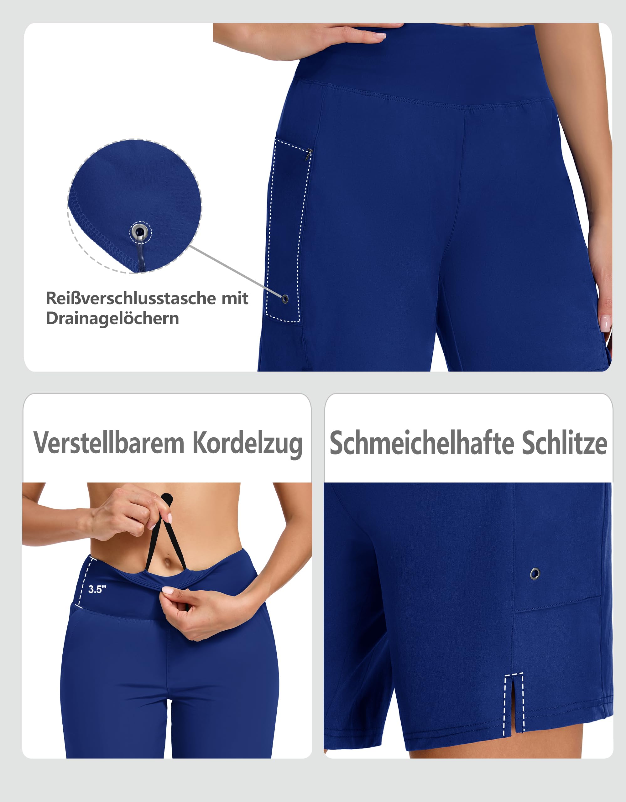 Short de bain taille haute pour femme avec poches zippées - Séchage rapide - Protection UV - Imperméable - Résistant au chlore - Avec slip intérieur