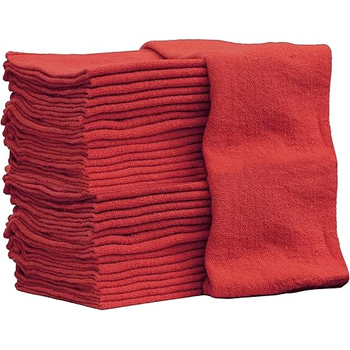 Auto Mechanic Shop Towels - Pack of 50 - Red Color - Size 12x14 Inches - 100% Cotton Shop Rags, Highly Absorbent, Commercial Grade Towels for Workshop, Garage, and Household Cleaning