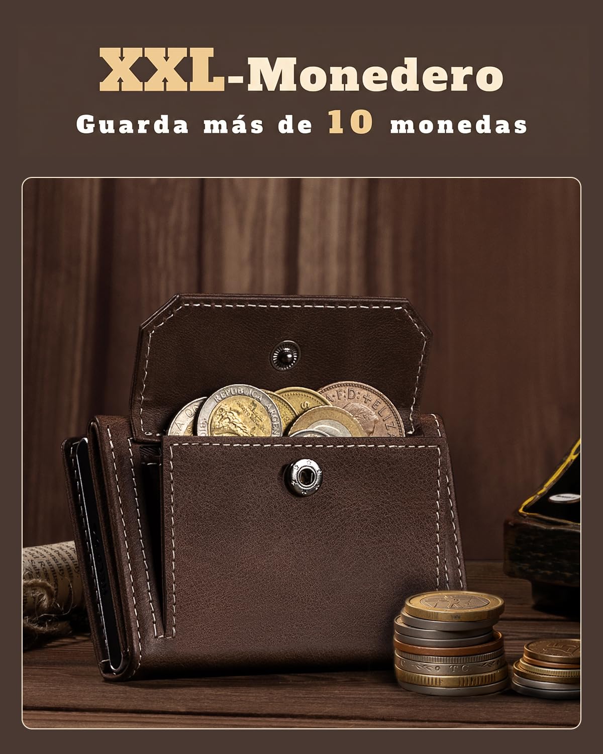 DODENSHA MagSnap Cartera para Hombre I Slim Wallet con Compartimento para Monedas XL para más de 10 Monedas I Tarjetero para Hombre para 10 + Tarjetas (Marrón Plateado)