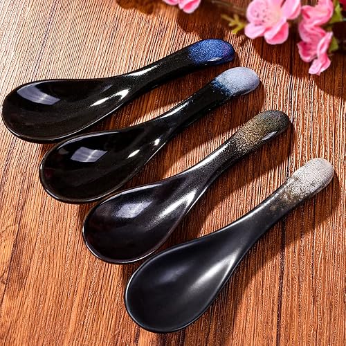 Miniatura 5 de Juego de 4 cucharas de sopa asiáticas de cerámica, cucharadas chinas y japonesas, cucharas de arroz de porcelana para Ramen Pho Miso y Wonton